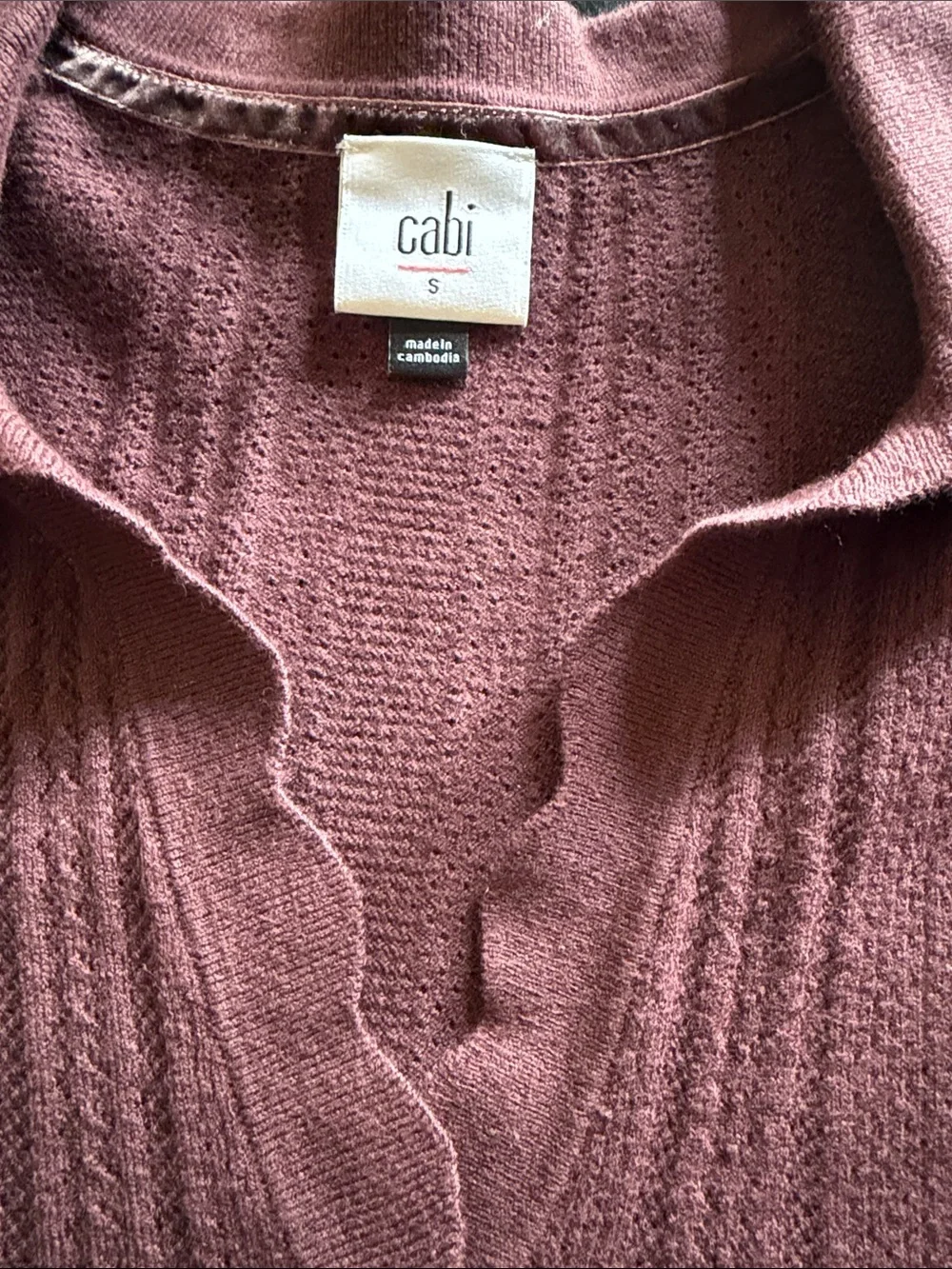 CAbi Plum-Red Scalloped V-Neck Knit Top#4480